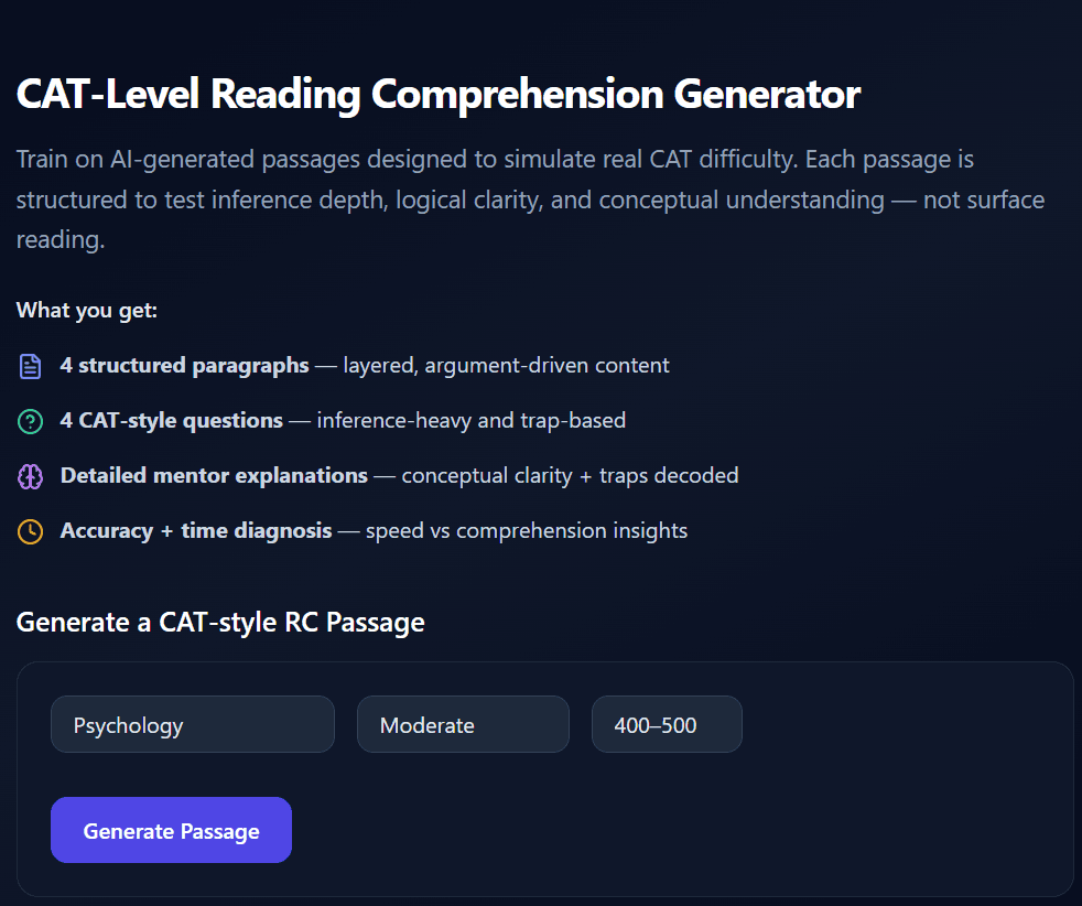 Auctor RC reading comprehension generator with subject and difficulty practice options